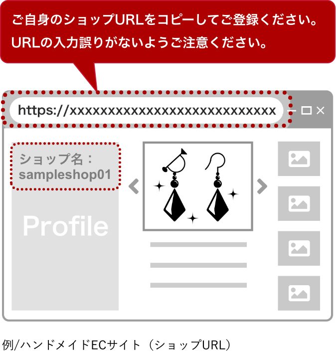 ご自身のショップURLをコピーしてご登録ください。
URLの入力誤りがないようご注意ください。例/ハンドメイドECサイト（ショップURL）